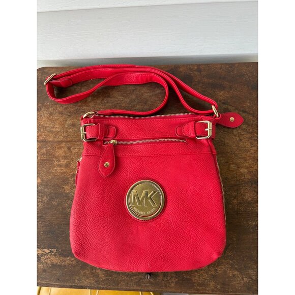 Michael Kors Red Leather Crossbody Bag With Gold-Tone Logo & Multiple Compartmen - Picture 1 of 4